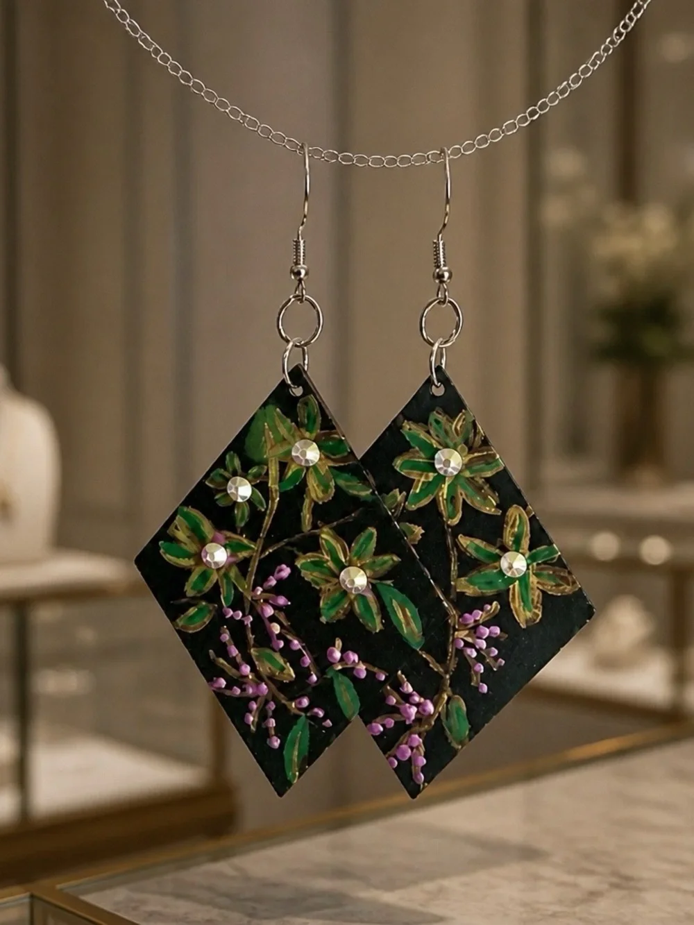Floral Black Green Statement Drop Earrings by Chic Style